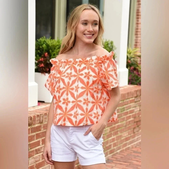 Skies are blue women’s blouse Large top shirt embroidered off shoulder Josie nwt - Picture 1 of 7